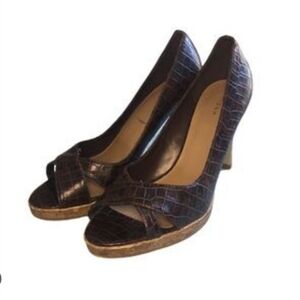 Fioni brown alligator-print faux leather peep-toe pumps with a cork heel.